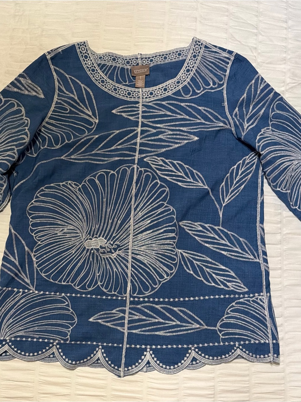 Chicos embroidered quarter sleeve crew neck top.  Chicos size 1.  Pit to pit 20”